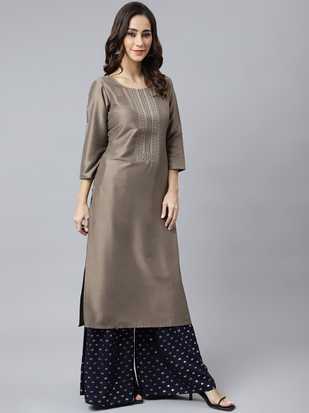 Janasya Women's Taupe Poly Silk Solid Casual Straight kurta | Grocsy