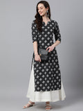 Janasya Women's Black Cotton Floral Printed Casual Straight Kurta | Grocsy