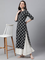Janasya Women's Black Cotton Floral Printed Casual Straight Kurta | Grocsy