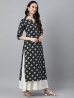 Janasya Women's Black Cotton Floral Printed Casual Straight Kurta | Grocsy