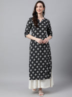 Janasya Women's Black Cotton Floral Printed Casual Straight Kurta | Grocsy