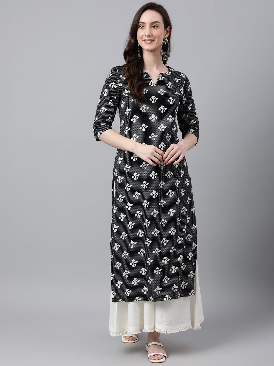 Janasya Women's Black Cotton Floral Printed Casual Straight Kurta | Grocsy