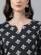 Janasya Women's Black Cotton Floral Printed Casual Straight Kurta | Grocsy