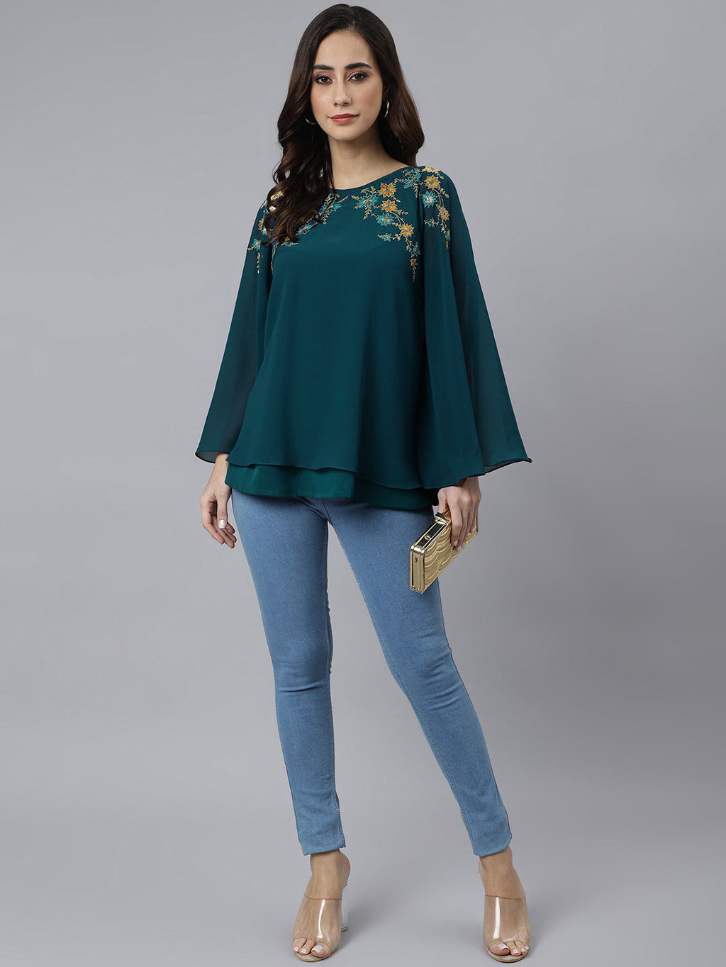 Janasya Women's Teal Blue Georgette Embellished Casual A-Line Top | Grocsy