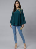 Janasya Women's Teal Blue Georgette Embellished Casual A-Line Top | Grocsy