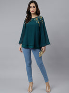 Janasya Women's Teal Blue Georgette Embellished Casual A-Line Top | Grocsy