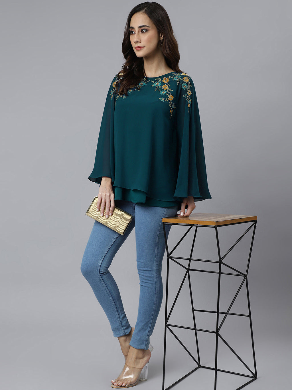 Janasya Women's Teal Blue Georgette Embellished Casual A-Line Top | Grocsy