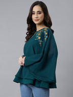 Janasya Women's Teal Blue Georgette Embellished Casual A-Line Top | Grocsy