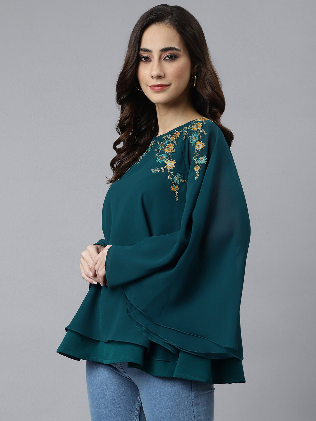 Janasya Women's Teal Blue Georgette Embellished Casual A-Line Top | Grocsy