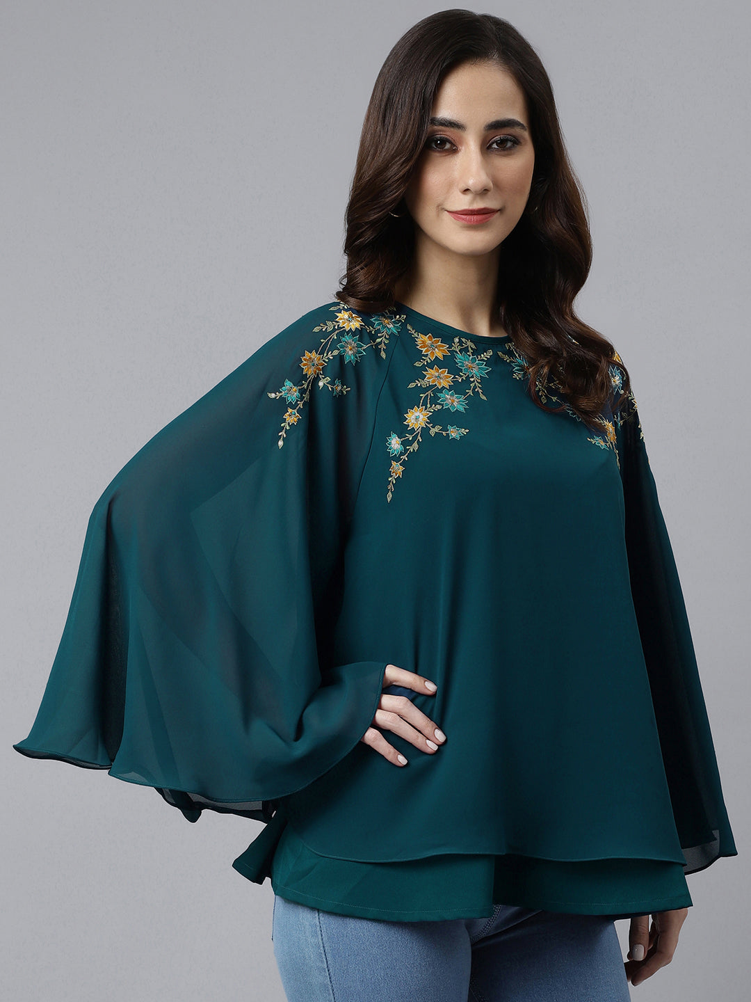 Janasya Women's Teal Blue Georgette Embellished Casual A-Line Top | Grocsy