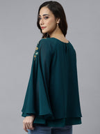 Janasya Women's Teal Blue Georgette Embellished Casual A-Line Top | Grocsy