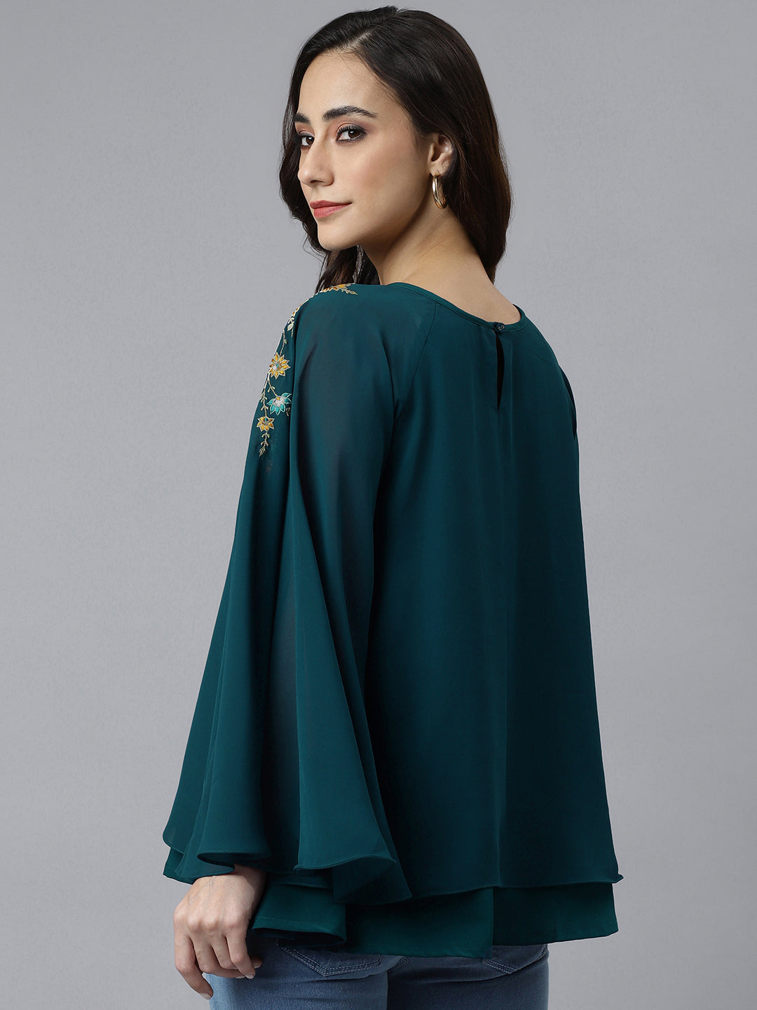 Janasya Women's Teal Blue Georgette Embellished Casual A-Line Top | Grocsy