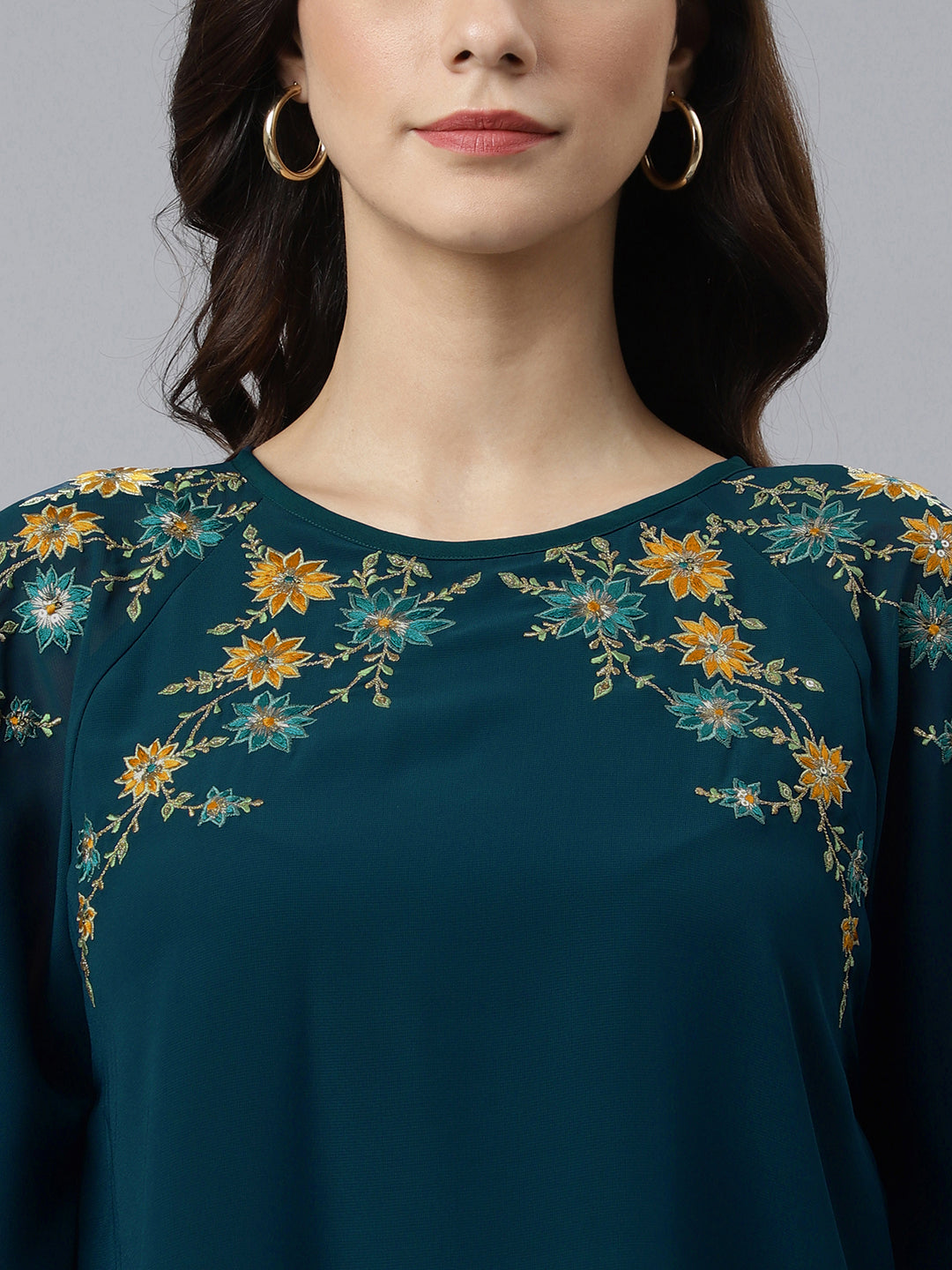 Janasya Women's Teal Blue Georgette Embellished Casual A-Line Top | Grocsy