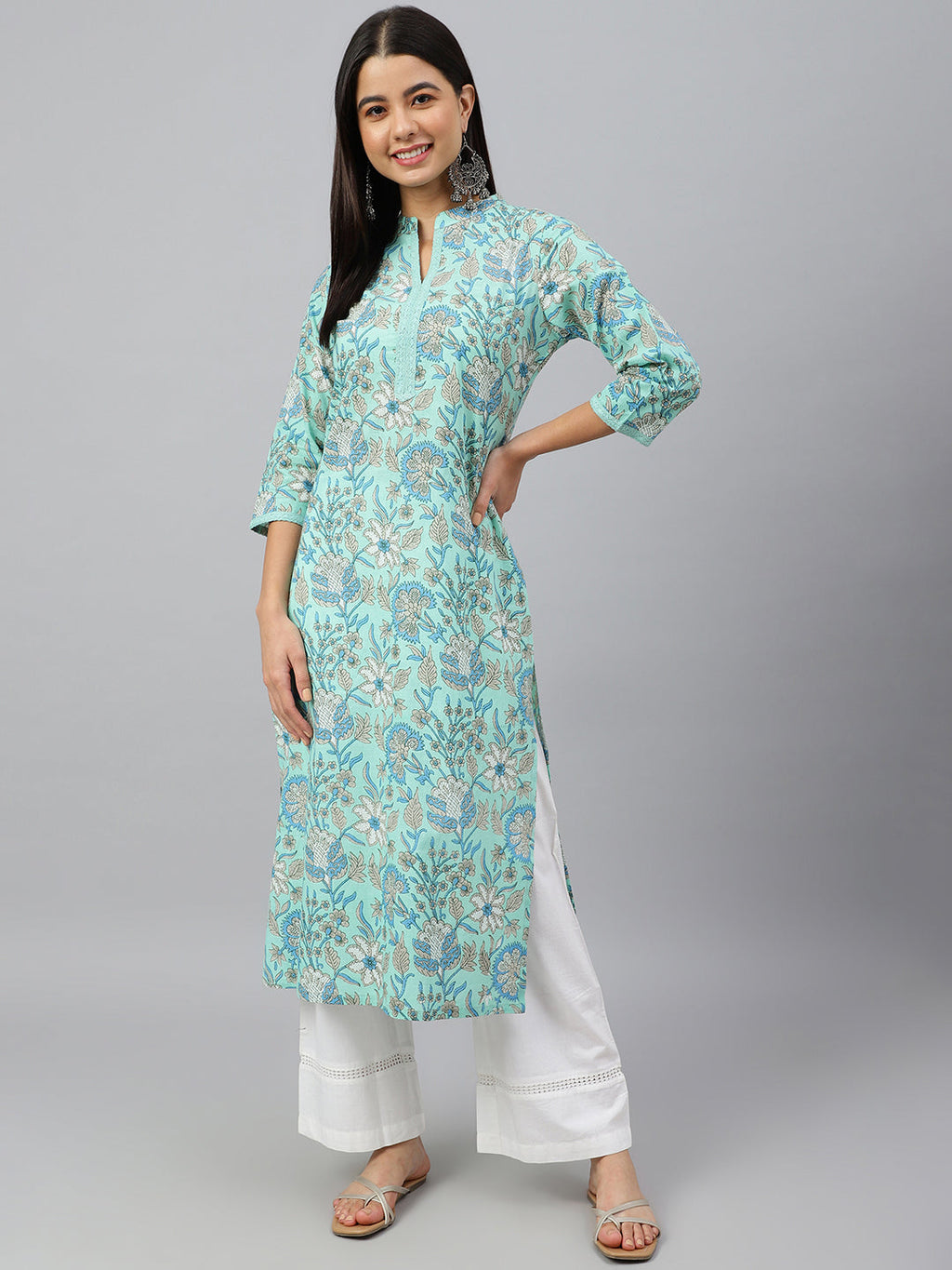 Janasya Women's Mint Green Cotton Floral Printed Casual Straight Kurta | Grocsy