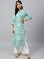 Janasya Women's Mint Green Cotton Floral Printed Casual Straight Kurta | Grocsy