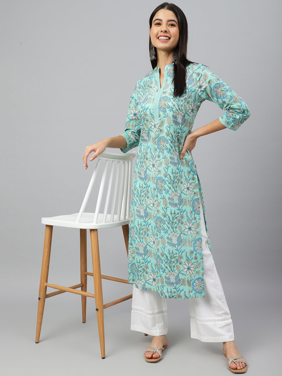 Janasya Women's Mint Green Cotton Floral Printed Casual Straight Kurta | Grocsy