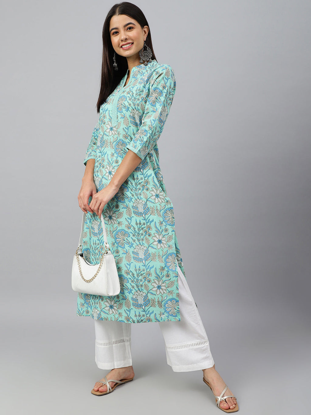 Janasya Women's Mint Green Cotton Floral Printed Casual Straight Kurta | Grocsy