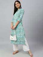 Janasya Women's Mint Green Cotton Floral Printed Casual Straight Kurta | Grocsy
