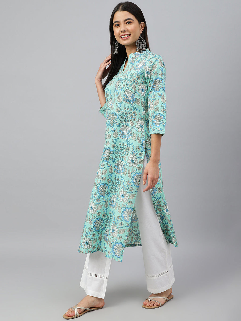 Janasya Women's Mint Green Cotton Floral Printed Casual Straight Kurta | Grocsy