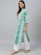 Janasya Women's Mint Green Cotton Floral Printed Casual Straight Kurta | Grocsy