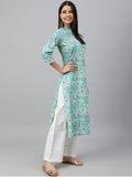 Janasya Women's Mint Green Cotton Floral Printed Casual Straight Kurta | Grocsy