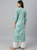 Janasya Women's Mint Green Cotton Floral Printed Casual Straight Kurta | Grocsy