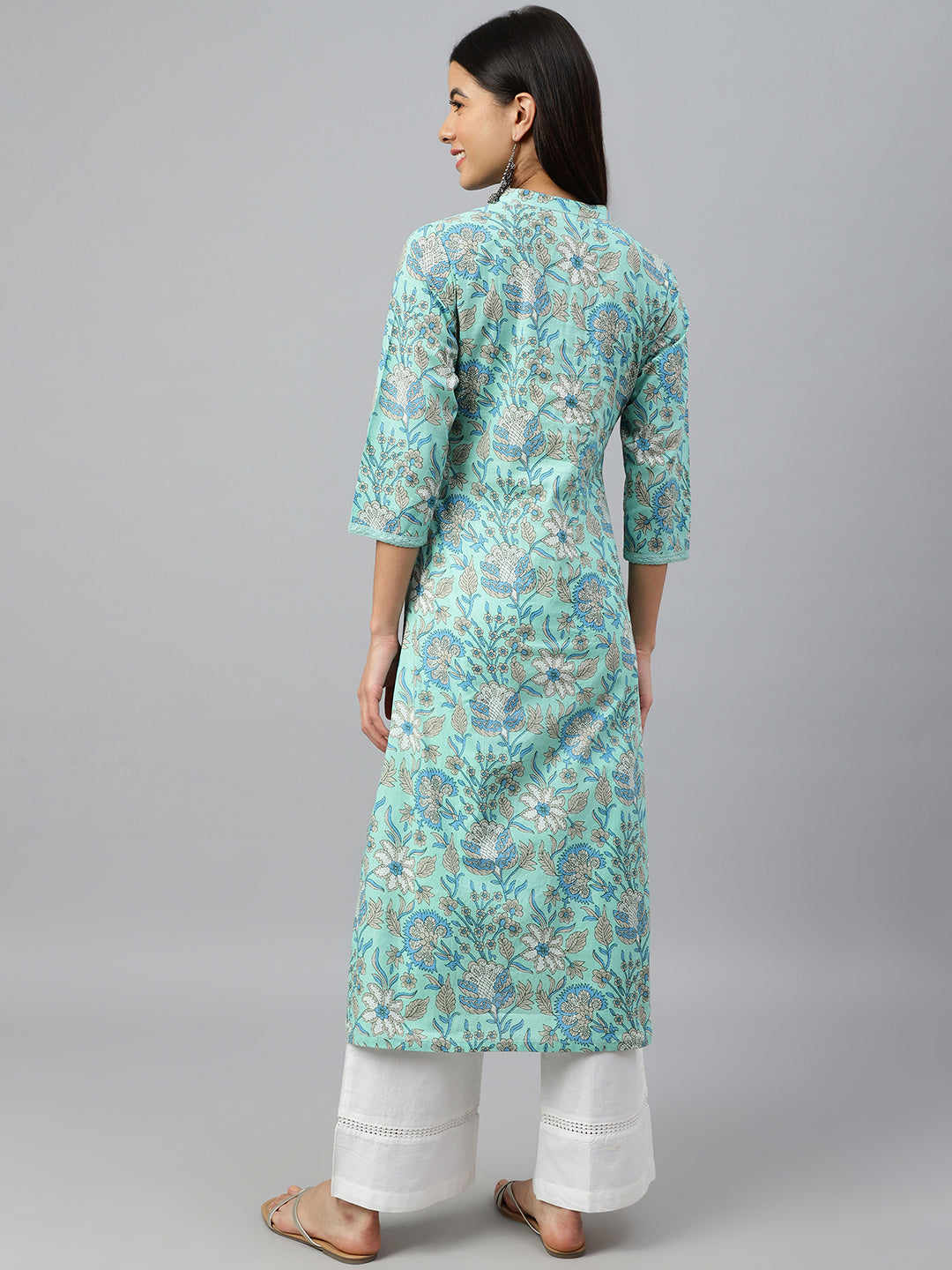 Janasya Women's Mint Green Cotton Floral Printed Casual Straight Kurta | Grocsy