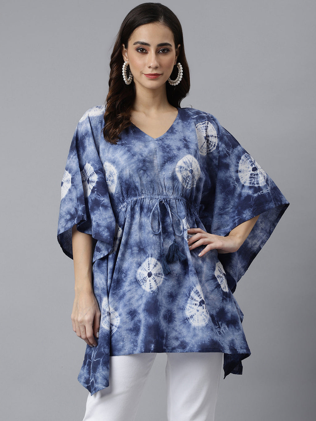 Janasya Women's Navy Blue Cotton Tie dye Kaftan Kaftan Tunic | Grocsy