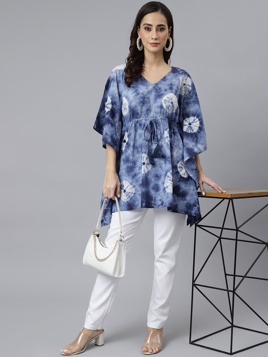 Janasya Women's Navy Blue Cotton Tie dye Kaftan Kaftan Tunic | Grocsy
