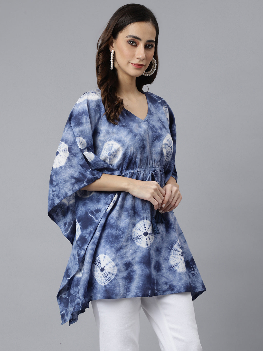 Janasya Women's Navy Blue Cotton Tie dye Kaftan Kaftan Tunic | Grocsy