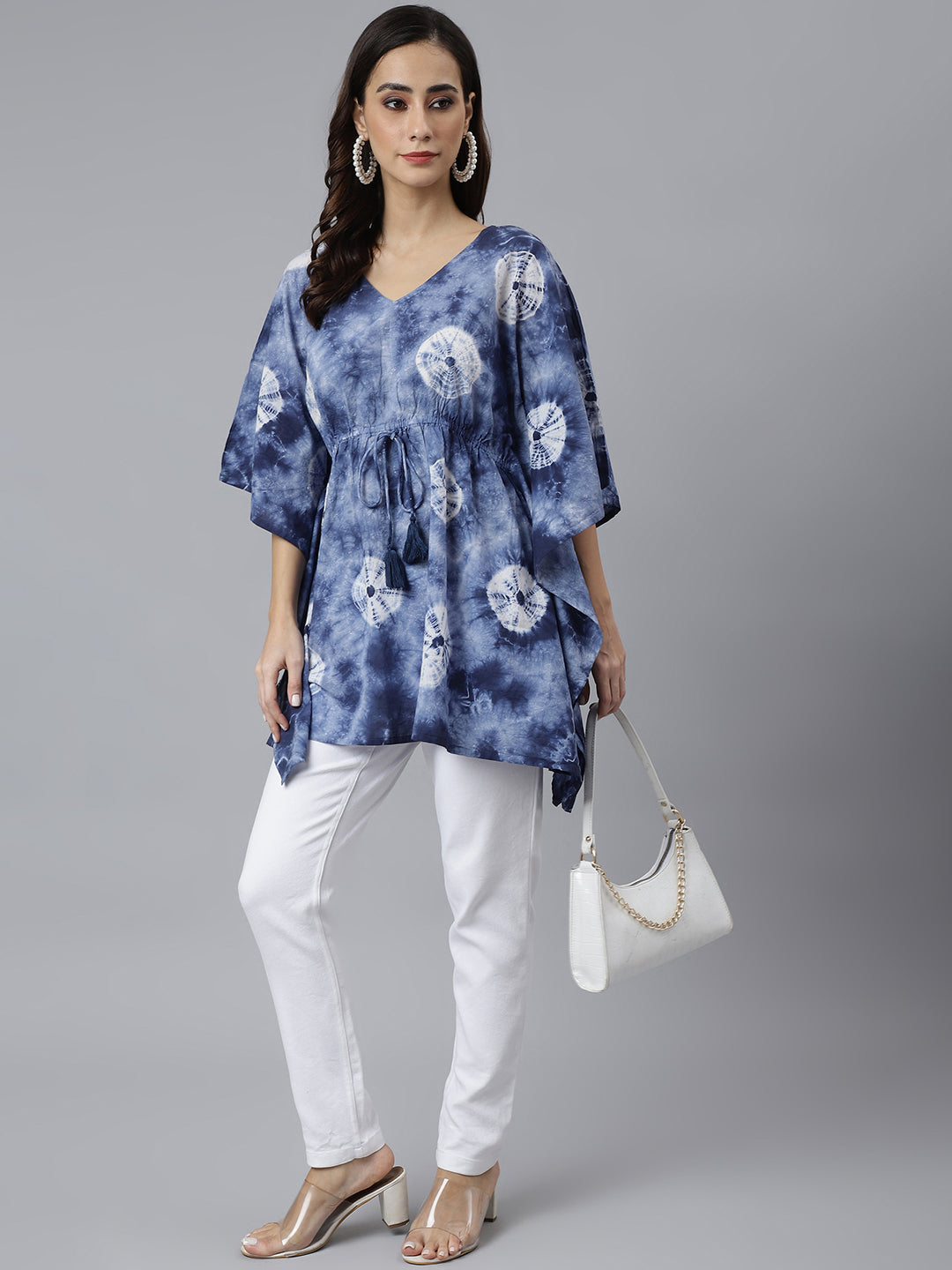Janasya Women's Navy Blue Cotton Tie dye Kaftan Kaftan Tunic | Grocsy
