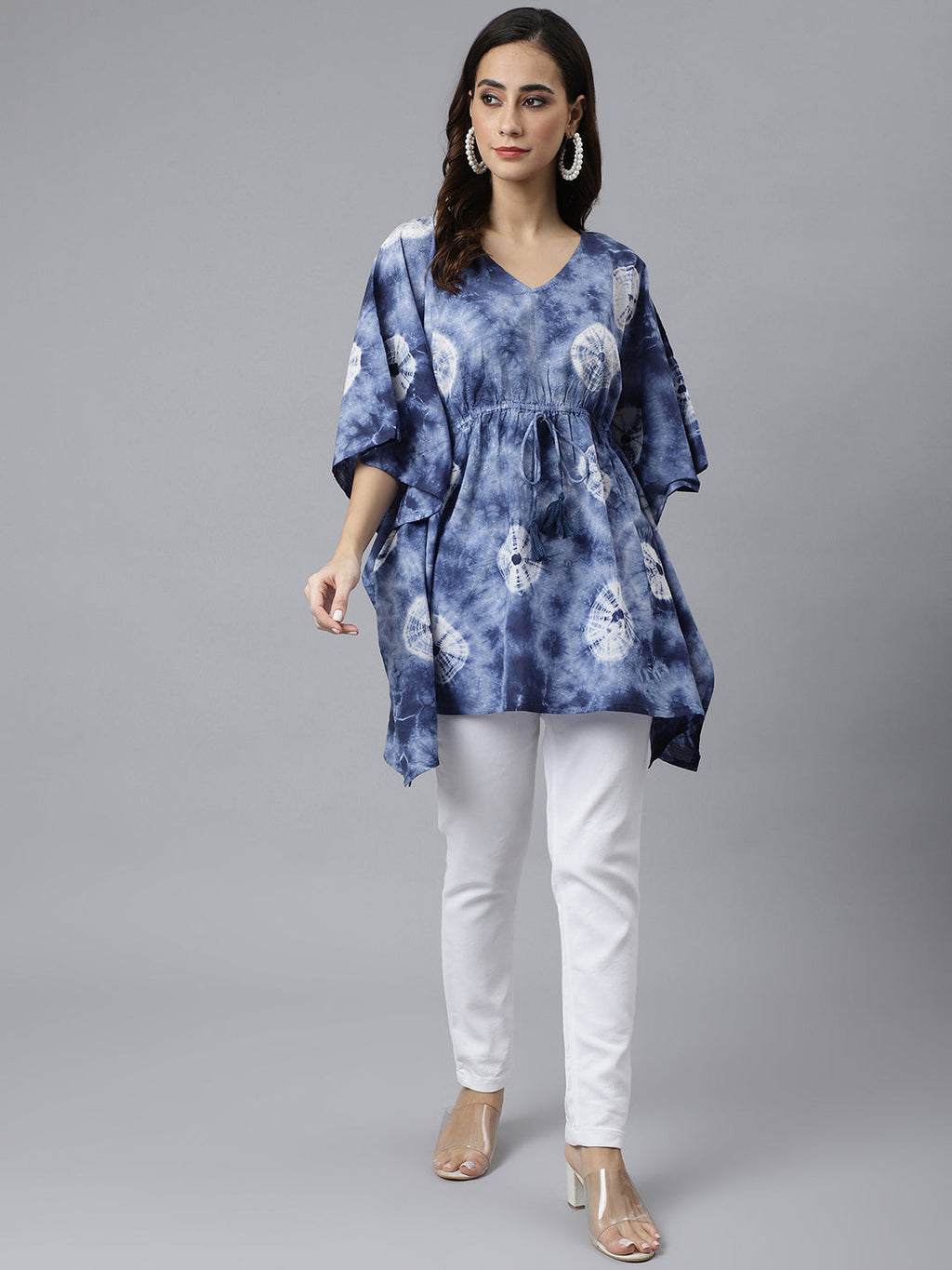 Janasya Women's Navy Blue Cotton Tie dye Kaftan Kaftan Tunic | Grocsy