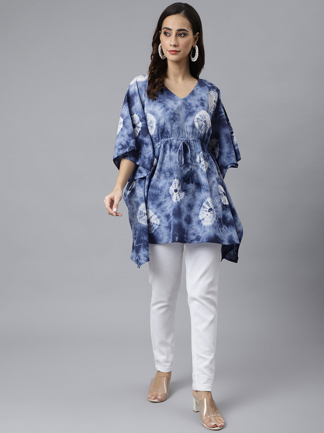 Janasya Women's Navy Blue Cotton Tie dye Kaftan Kaftan Tunic | Grocsy