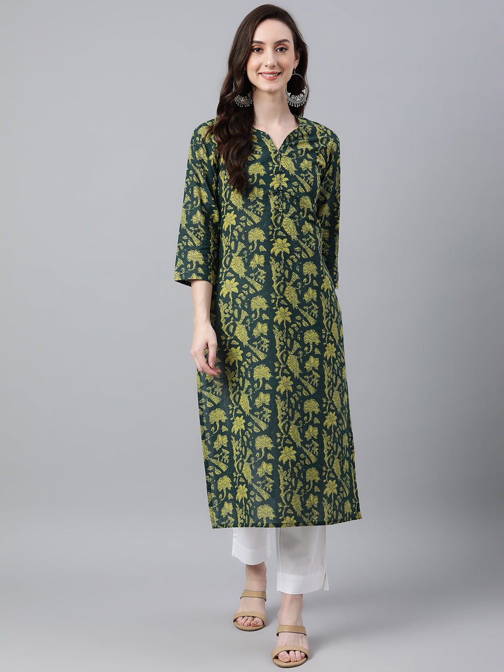 Indian Clothing Janasya Women's Dark Green Cotton Floral Printed Casual Straight Kurta | Grocsy