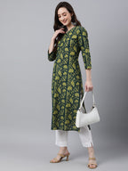 Indian Clothing Janasya Women's Dark Green Cotton Floral Printed Casual Straight Kurta | Grocsy