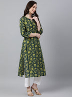 Indian Clothing Janasya Women's Dark Green Cotton Floral Printed Casual Straight Kurta | Grocsy