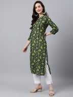 Indian Clothing Janasya Women's Dark Green Cotton Floral Printed Casual Straight Kurta | Grocsy