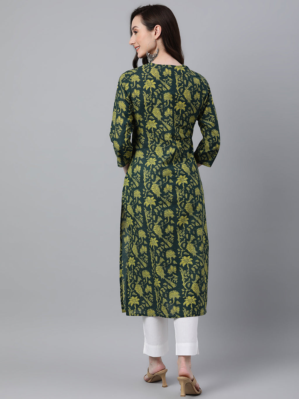 Indian Clothing Janasya Women's Dark Green Cotton Floral Printed Casual Straight Kurta | Grocsy