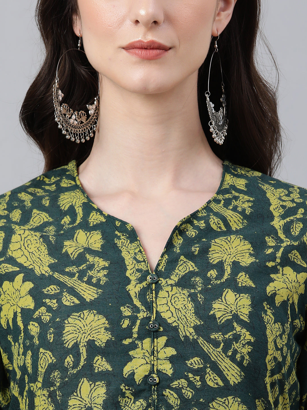 Indian Clothing Janasya Women's Dark Green Cotton Floral Printed Casual Straight Kurta | Grocsy