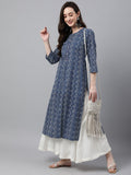 Janasya Women's Indigo Cotton Zig Zag Printed Casual Straight Kurta | Grocsy