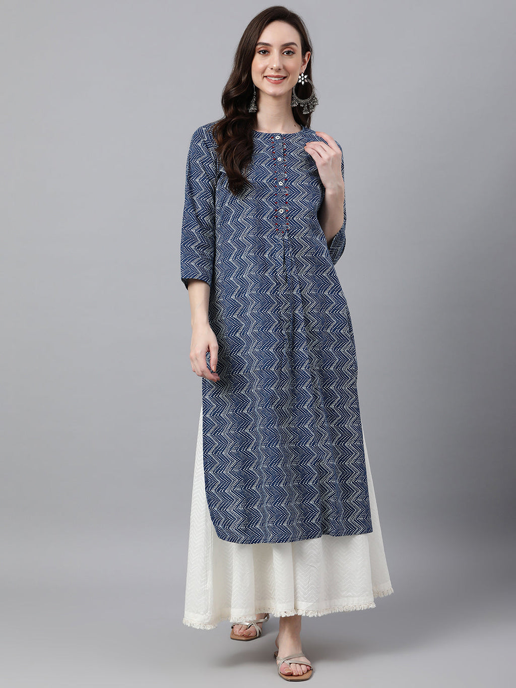 Janasya Women's Indigo Cotton Zig Zag Printed Casual Straight Kurta | Grocsy