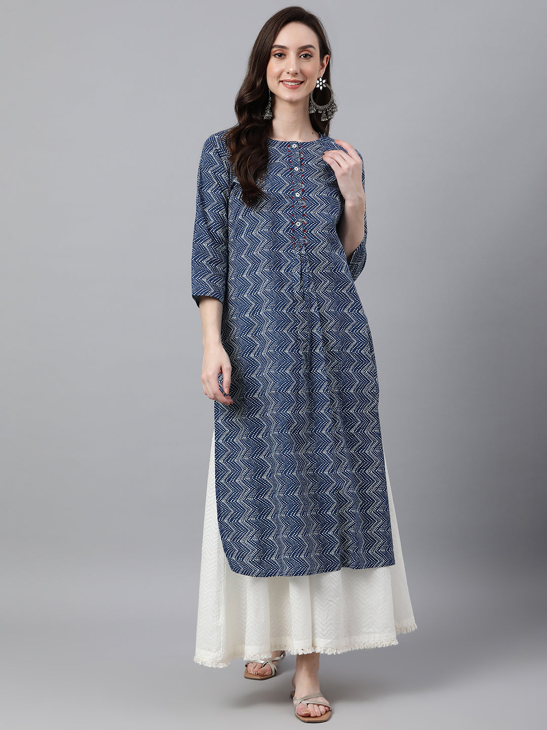 Janasya Women's Indigo Cotton Zig Zag Printed Casual Straight Kurta | Grocsy