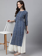 Janasya Women's Indigo Cotton Zig Zag Printed Casual Straight Kurta | Grocsy