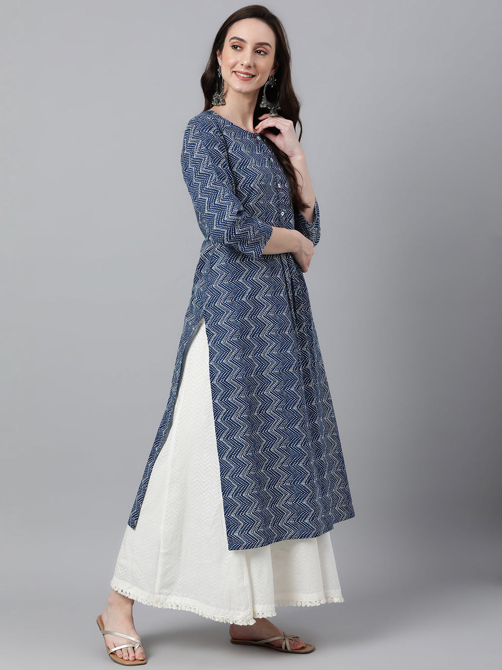 Janasya Women's Indigo Cotton Zig Zag Printed Casual Straight Kurta | Grocsy