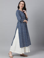 Janasya Women's Indigo Cotton Zig Zag Printed Casual Straight Kurta | Grocsy