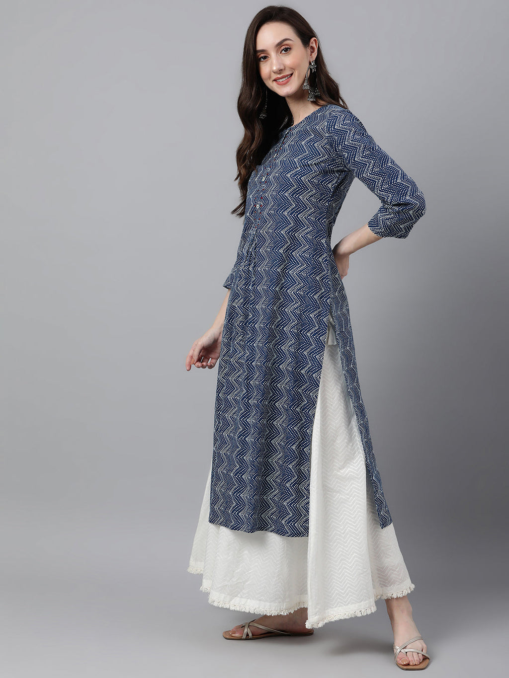 Janasya Women's Indigo Cotton Zig Zag Printed Casual Straight Kurta | Grocsy