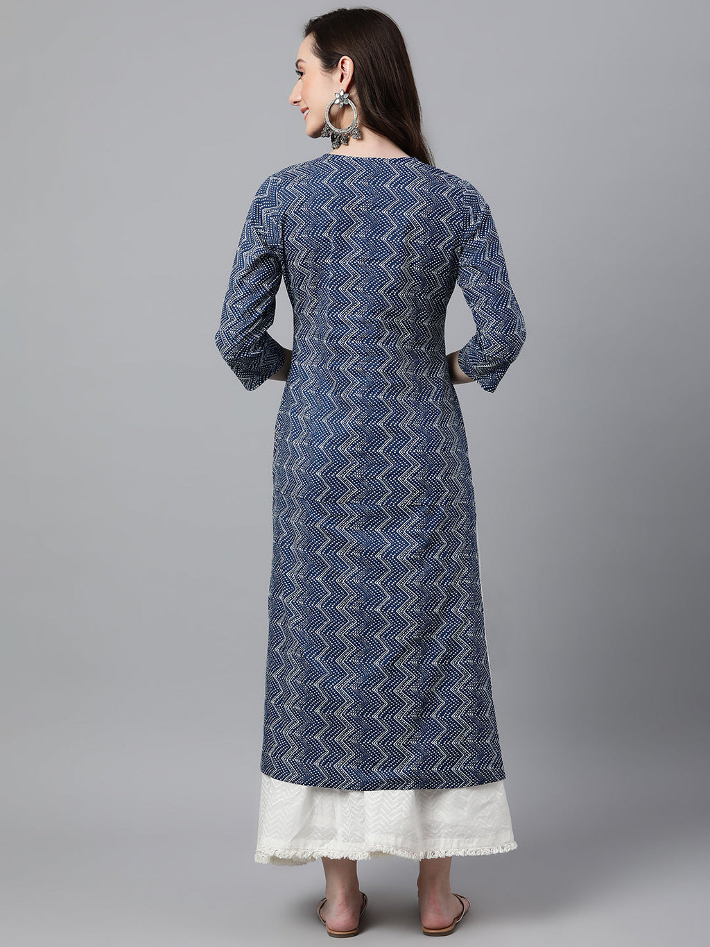 Janasya Women's Indigo Cotton Zig Zag Printed Casual Straight Kurta | Grocsy