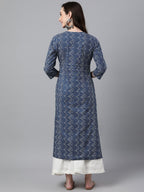 Janasya Women's Indigo Cotton Zig Zag Printed Casual Straight Kurta | Grocsy
