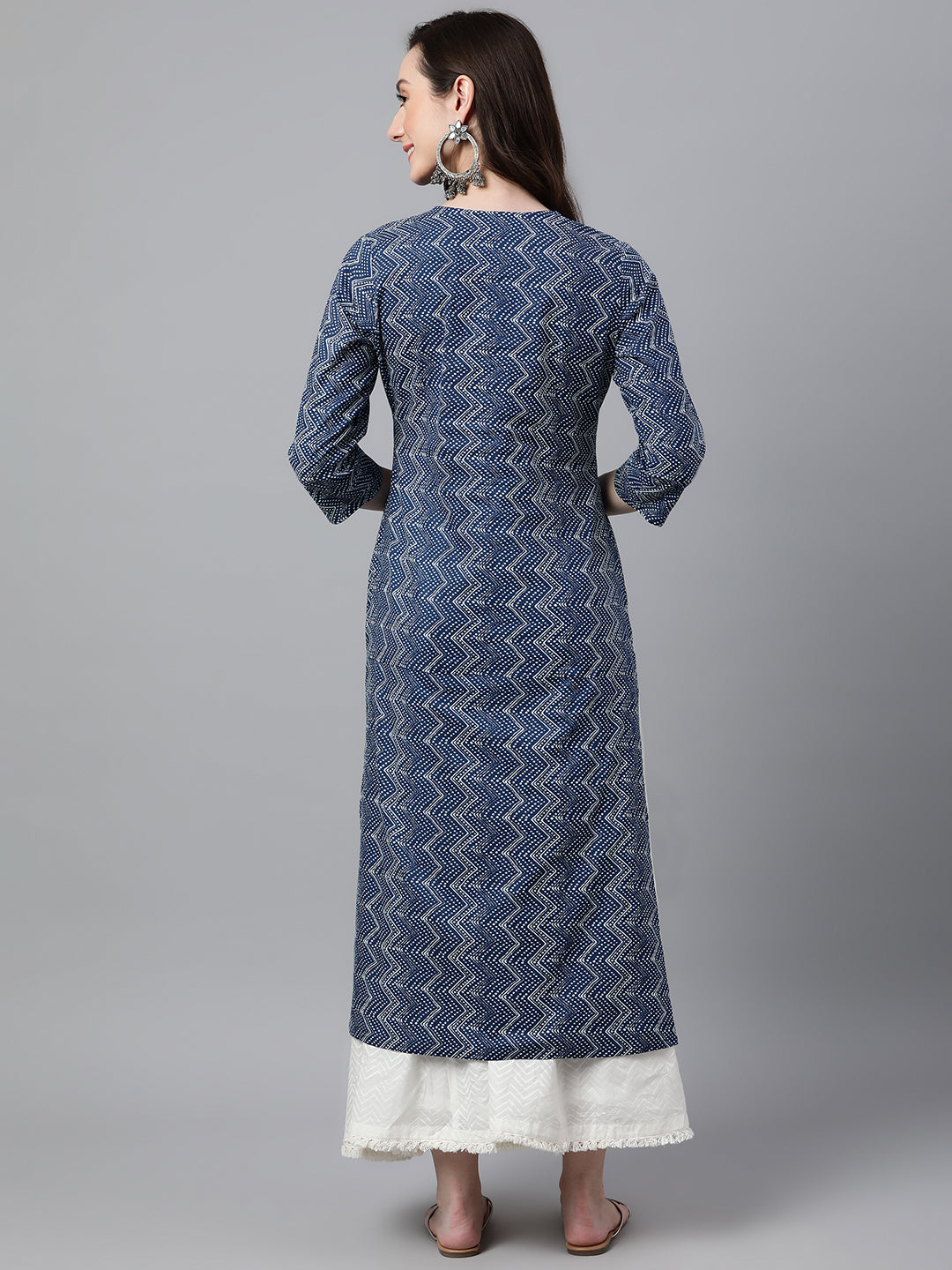 Janasya Women's Indigo Cotton Zig Zag Printed Casual Straight Kurta | Grocsy