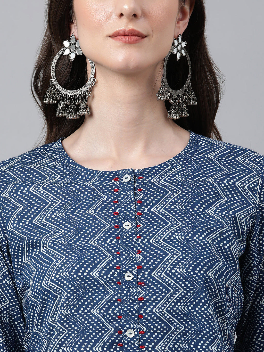 Janasya Women's Indigo Cotton Zig Zag Printed Casual Straight Kurta | Grocsy